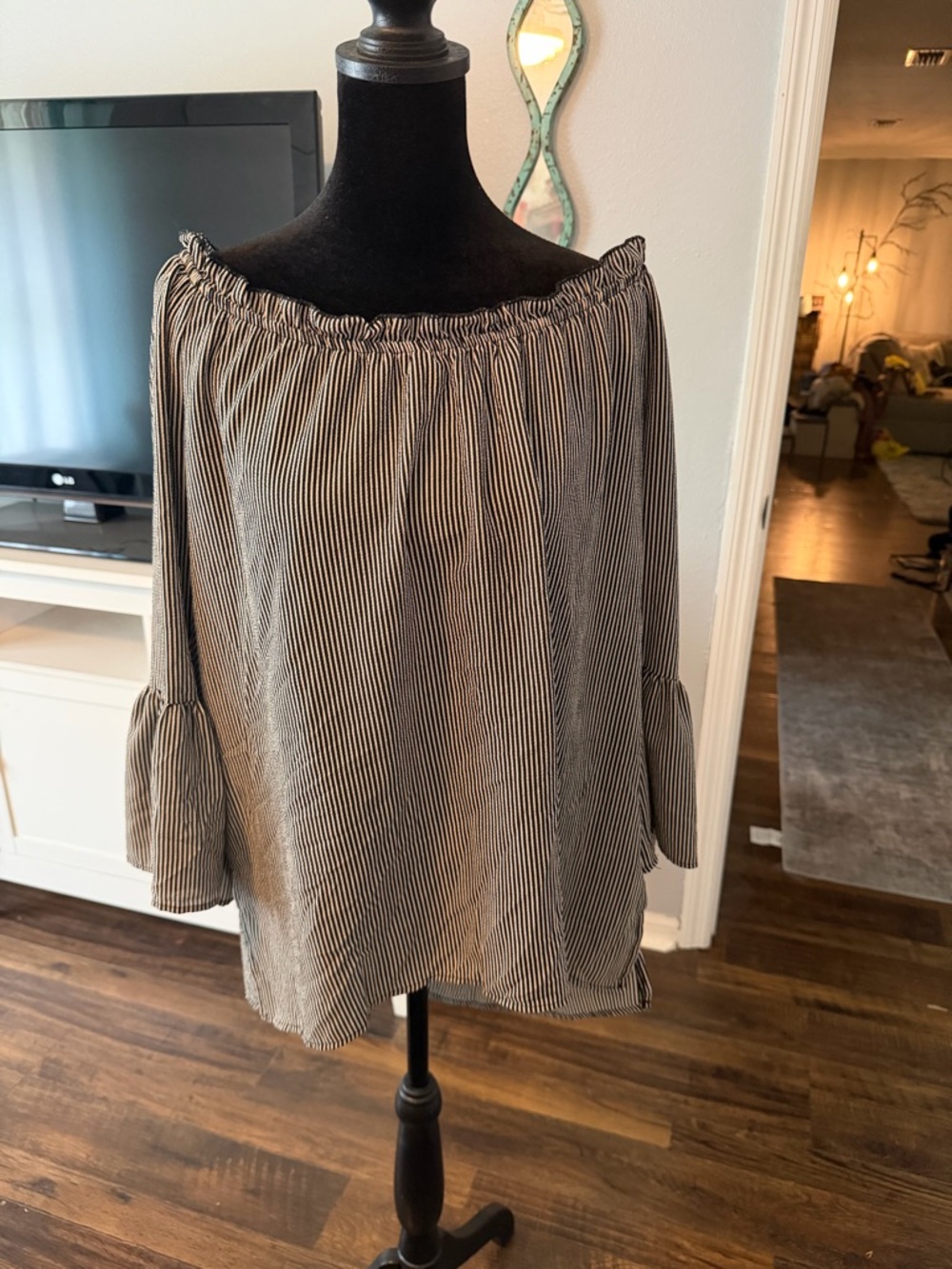 Striped Off-Shoulder Black and White Blouse with Flared Sleeves